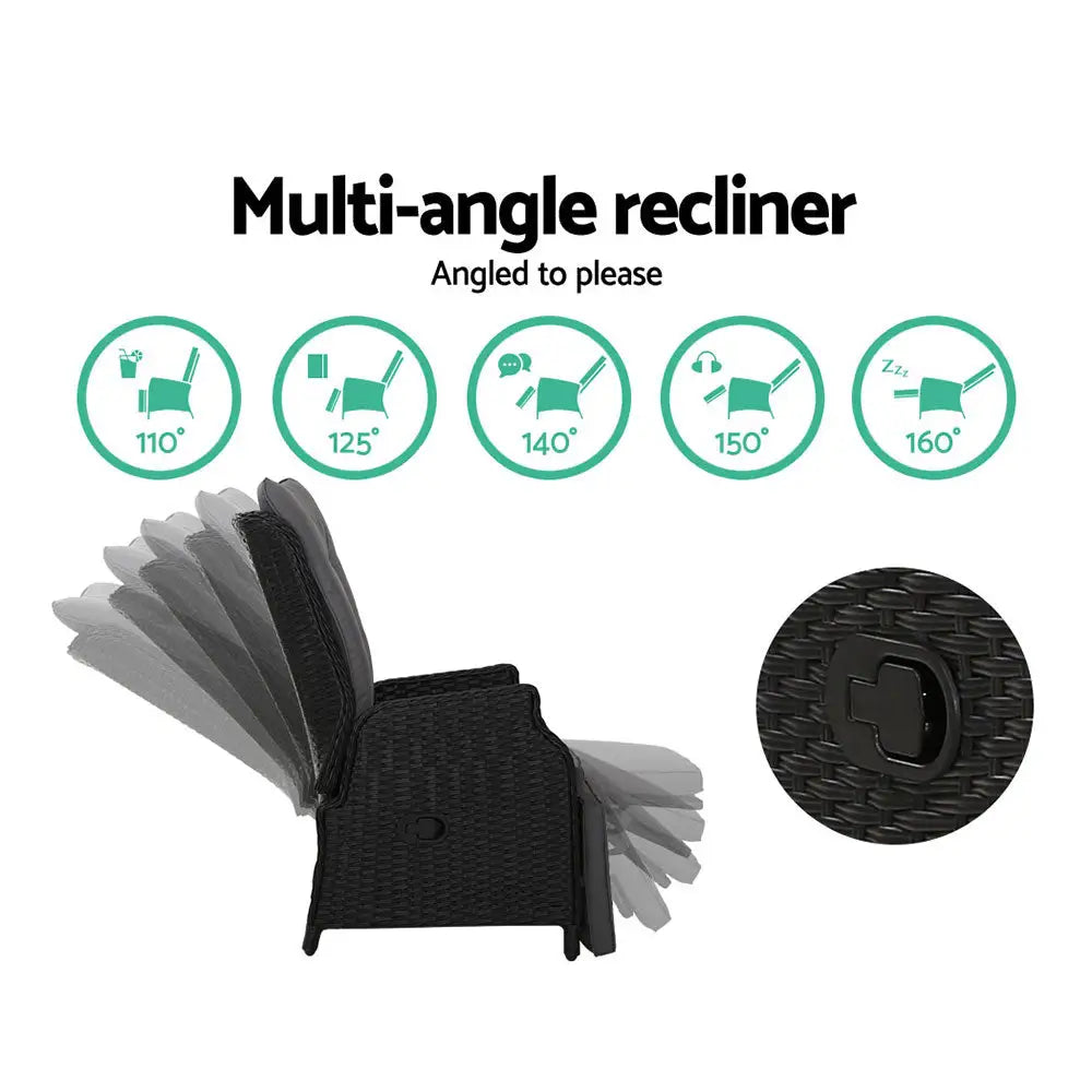 Gardeon 3pc Recliner Chairs Table Sun Lounge Outdoor Furniture Wicker Adjustable Black