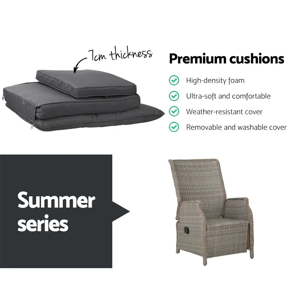 Gardeon 3pc Recliner Chairs Table Sun Lounge Outdoor Furniture Wicker Adjustable Grey