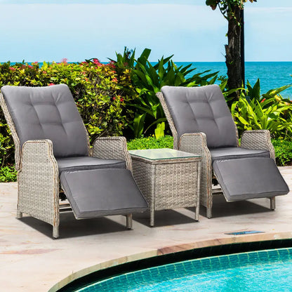 Gardeon 3pc Recliner Chairs Table Sun Lounge Outdoor Furniture Wicker Adjustable Grey