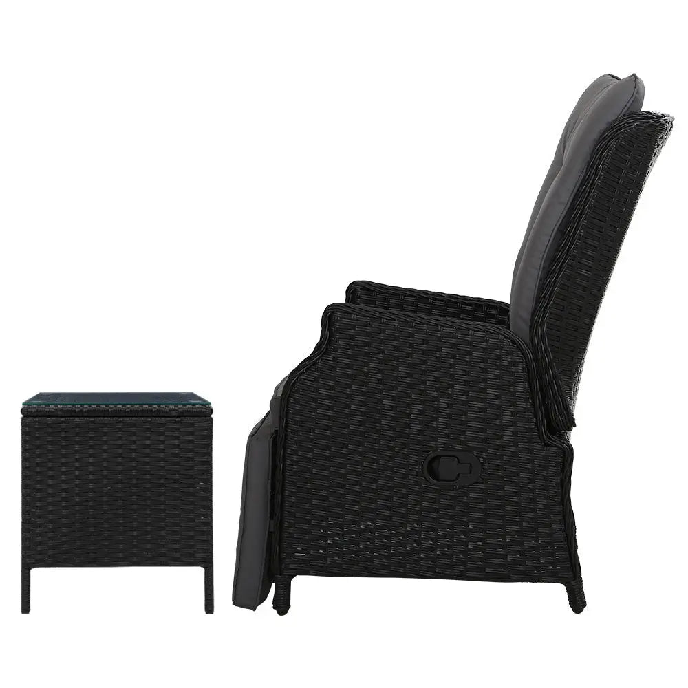 Gardeon 3pc Recliner Chairs Table Sun Lounge Outdoor Furniture Wicker Adjustable Black