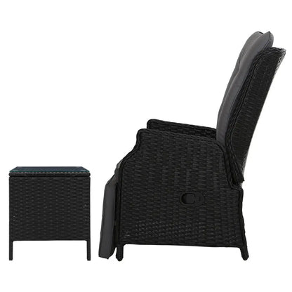 Gardeon 3pc Recliner Chairs Table Sun Lounge Outdoor Furniture Wicker Adjustable Black