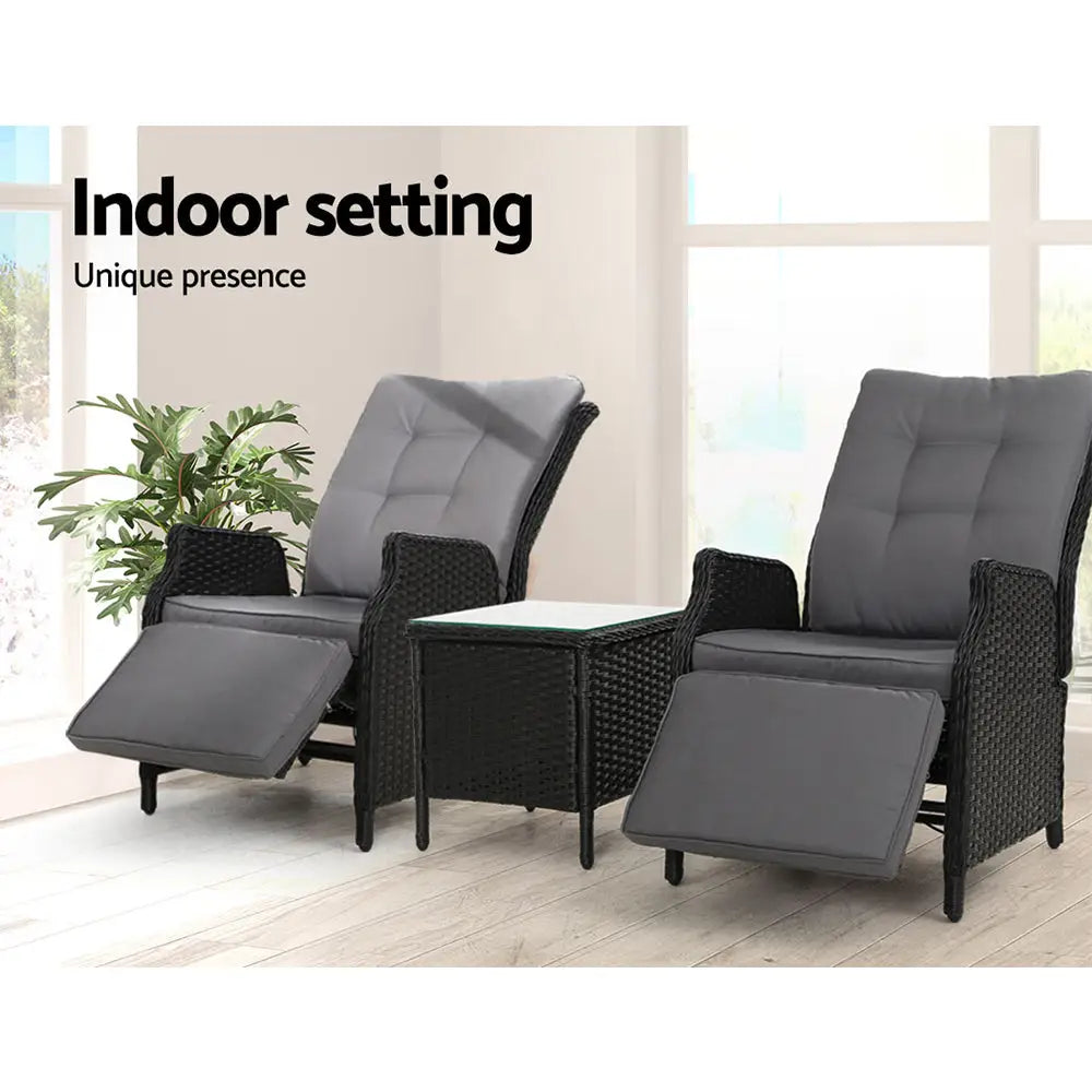 Gardeon 3pc Recliner Chairs Table Sun Lounge Outdoor Furniture Wicker Adjustable Black