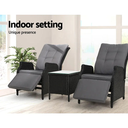 Gardeon 3pc Recliner Chairs Table Sun Lounge Outdoor Furniture Wicker Adjustable Black