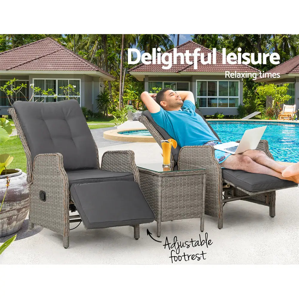 Gardeon 3pc Recliner Chairs Table Sun Lounge Outdoor Furniture Wicker Adjustable Grey