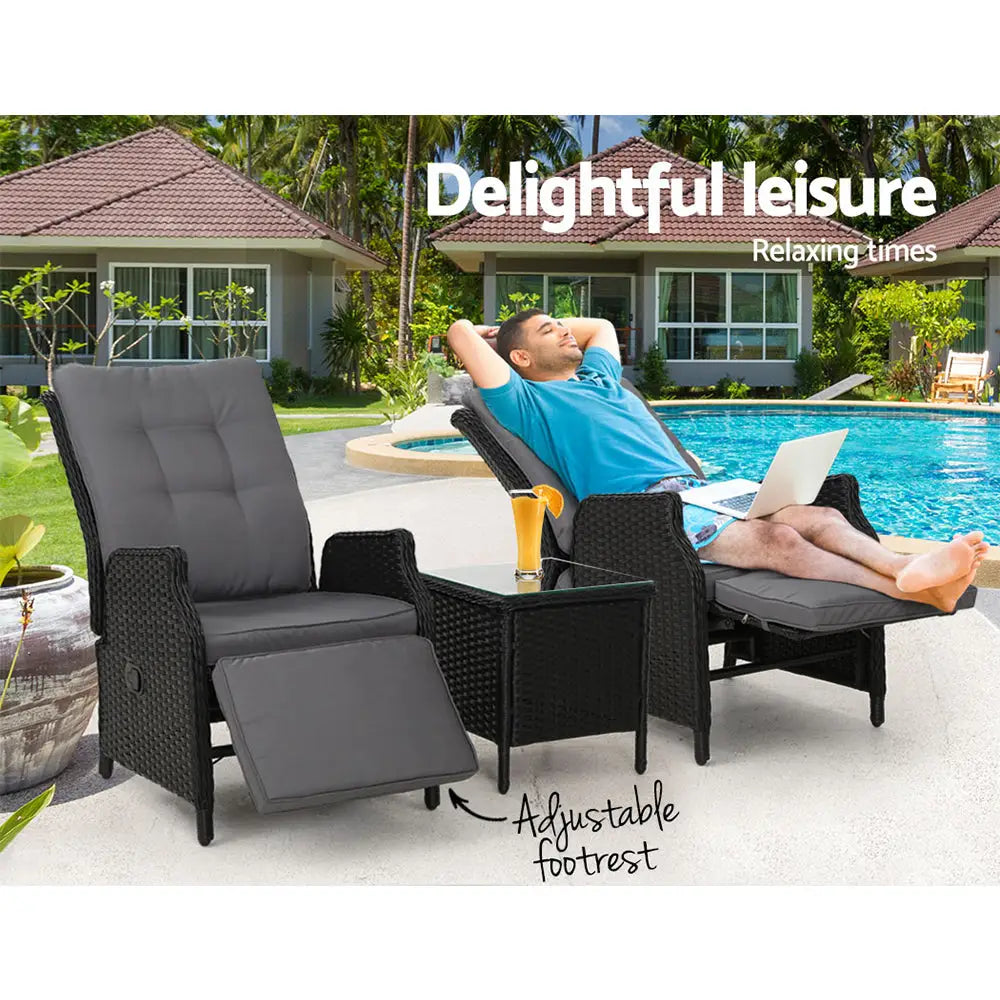 Gardeon 3pc Recliner Chairs Table Sun Lounge Outdoor Furniture Wicker Adjustable Black