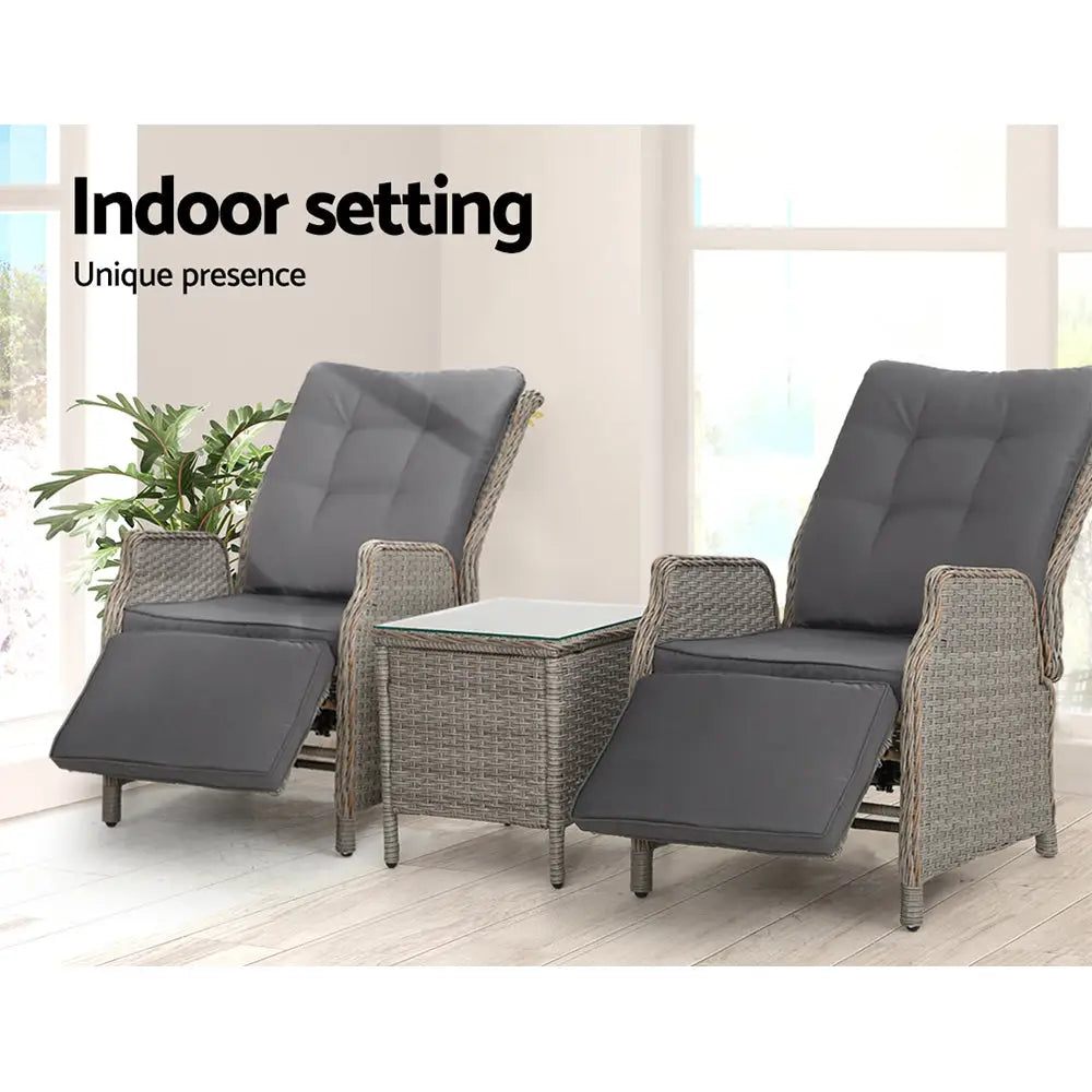 Gardeon 3pc Recliner Chairs Table Sun Lounge Outdoor Furniture Wicker Adjustable Grey