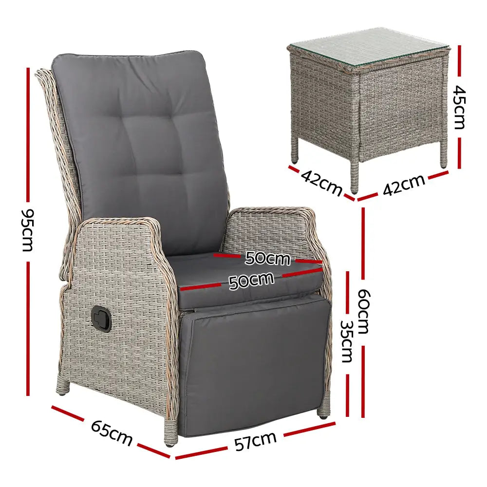 Gardeon 3pc Recliner Chairs Table Sun Lounge Outdoor Furniture Wicker Adjustable Grey