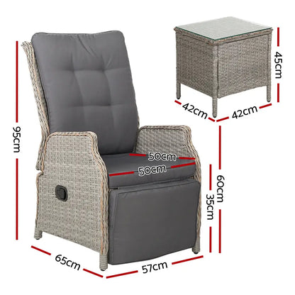 Gardeon 3pc Recliner Chairs Table Sun Lounge Outdoor Furniture Wicker Adjustable Grey