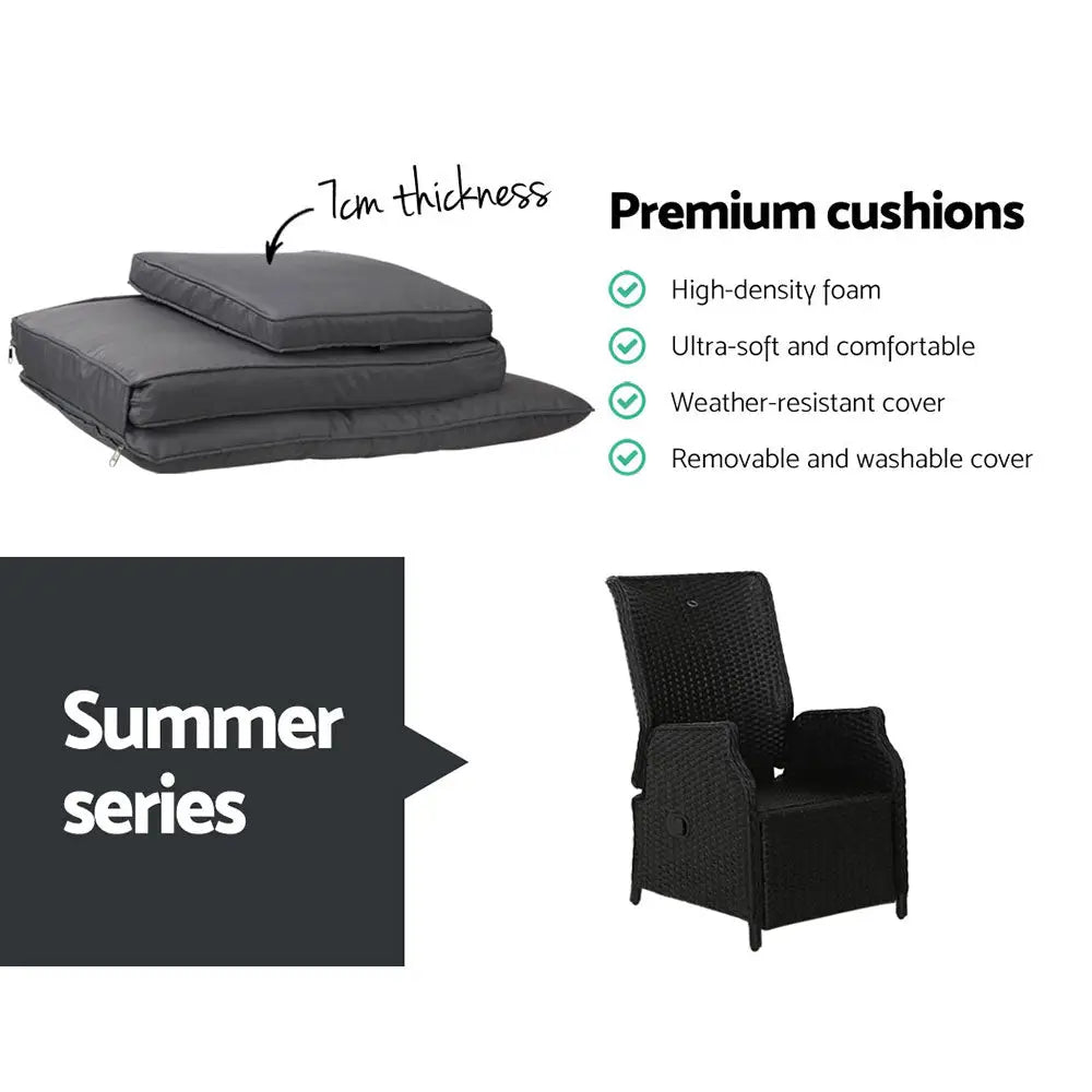 Gardeon 3pc Recliner Chairs Table Sun Lounge Outdoor Furniture Wicker Adjustable Black