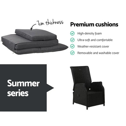 Gardeon 3pc Recliner Chairs Table Sun Lounge Outdoor Furniture Wicker Adjustable Black