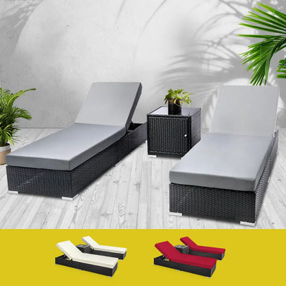 Gardeon 3pc Sun Lounge Wicker Lounger Outdoor Furniture Day Bed Rattan Garden