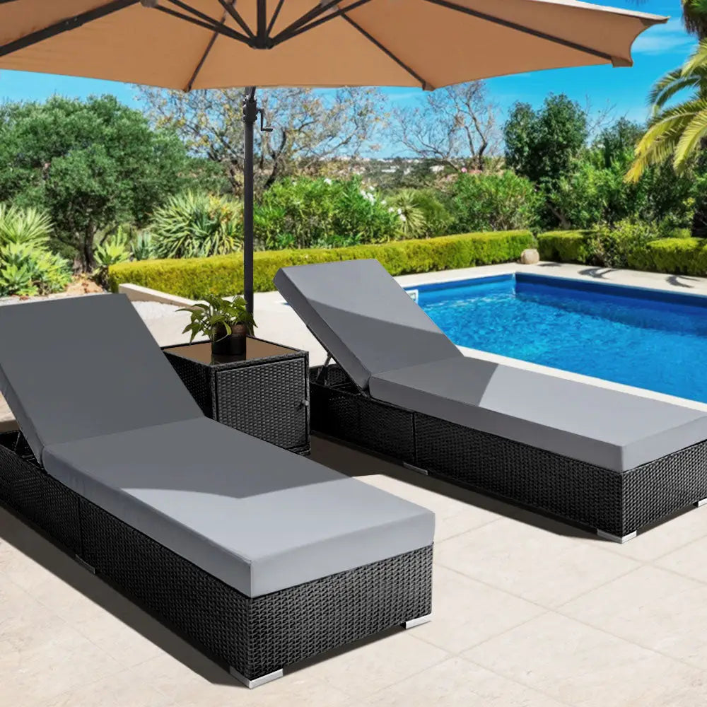 Gardeon 3pc Sun Lounge Wicker Lounger Outdoor Furniture Day Bed Rattan Garden