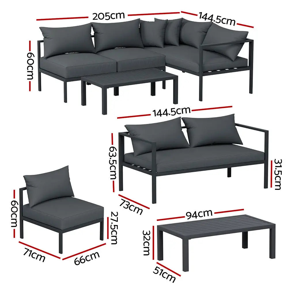 Gardeon 4 Seater Outdoor Sofa Set Aluminium Patio Furniture Setting 4pc Charcoal