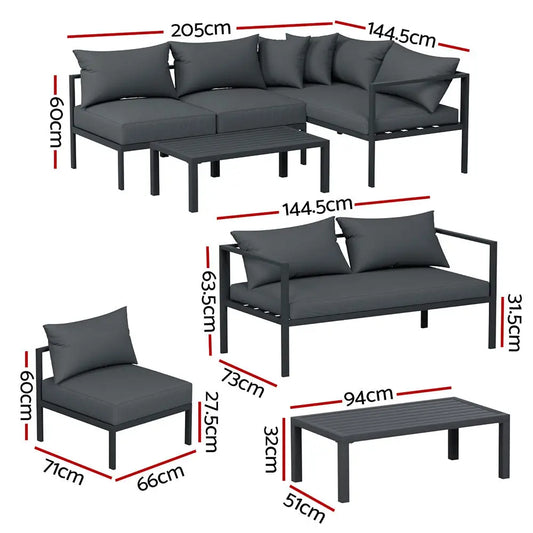 Gardeon 4 Seater Outdoor Sofa Set Aluminium Patio Furniture Setting 4pc Charcoal