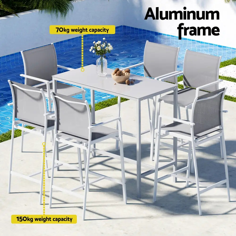 Gardeon 7pcs Outdoor Bar Set Stools Dining Chairs Table Patio Steel Bistro White