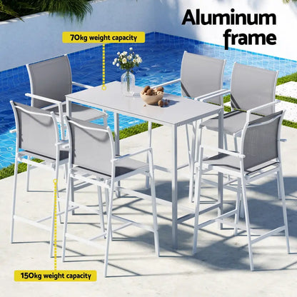 Gardeon 7pcs Outdoor Bar Set Stools Dining Chairs Table Patio Steel Bistro White