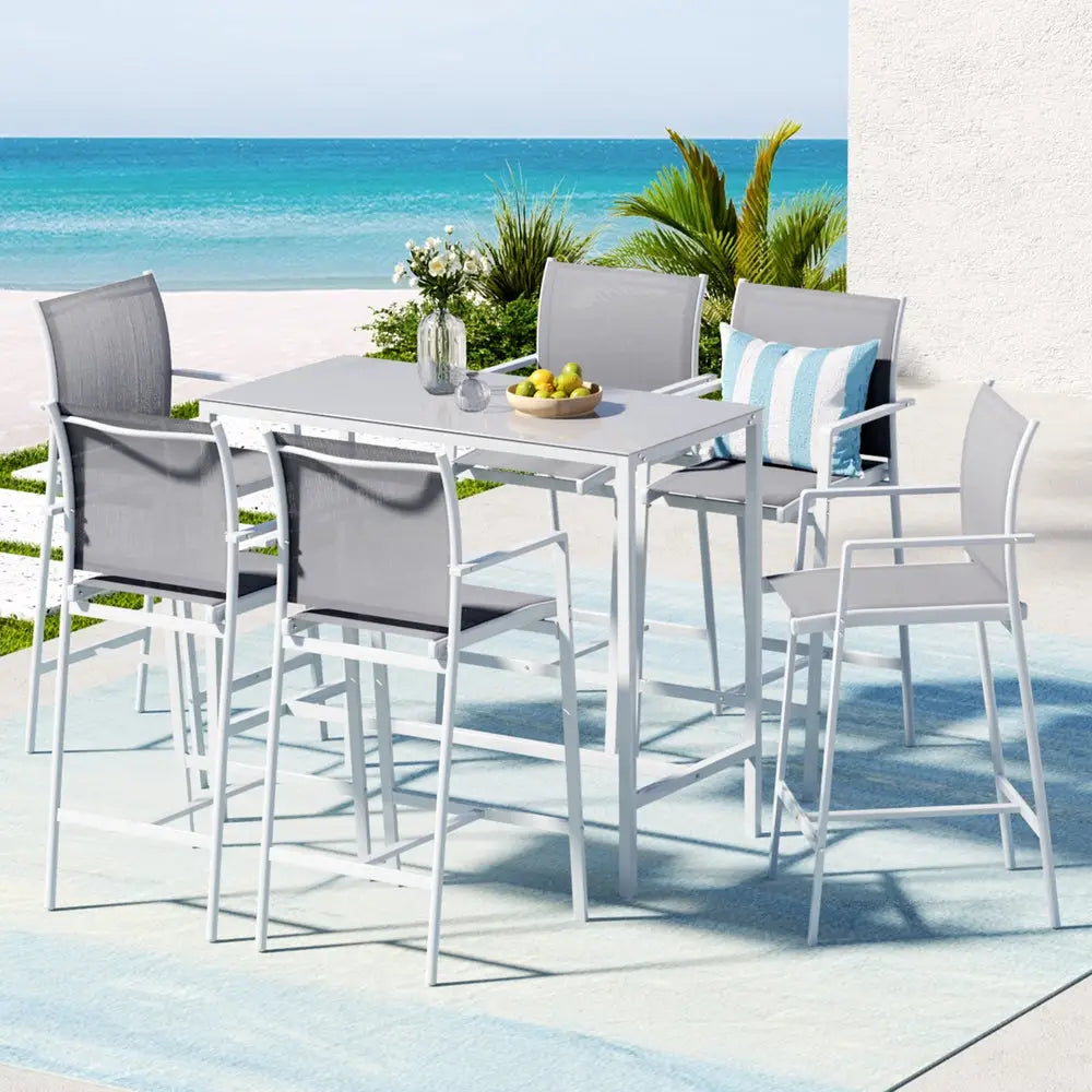 Gardeon 7pcs Outdoor Bar Set Stools Dining Chairs Table Patio Steel Bistro White