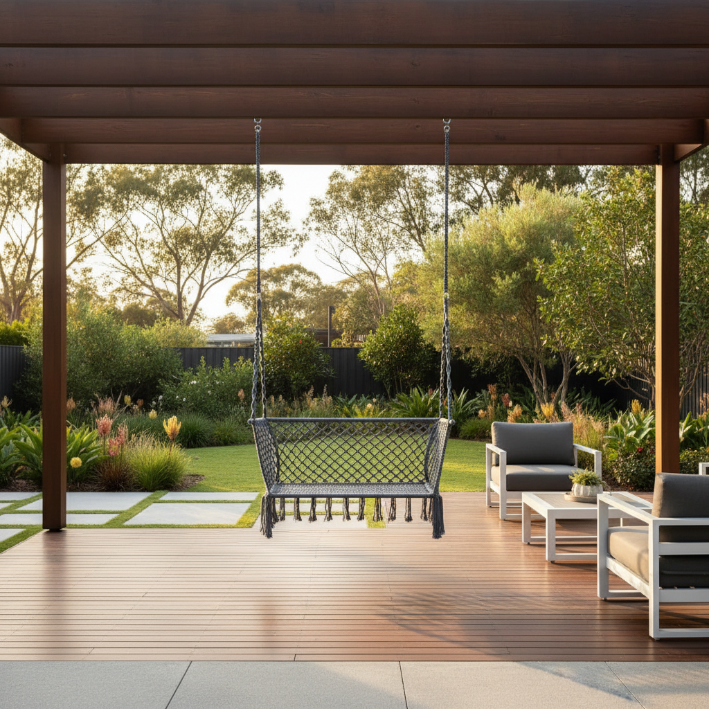 A dark gray outdoor porch swing hanging under a wooden pergola on a tiled patio, with matching patio armchairs and tables and a lush green garden in the background.