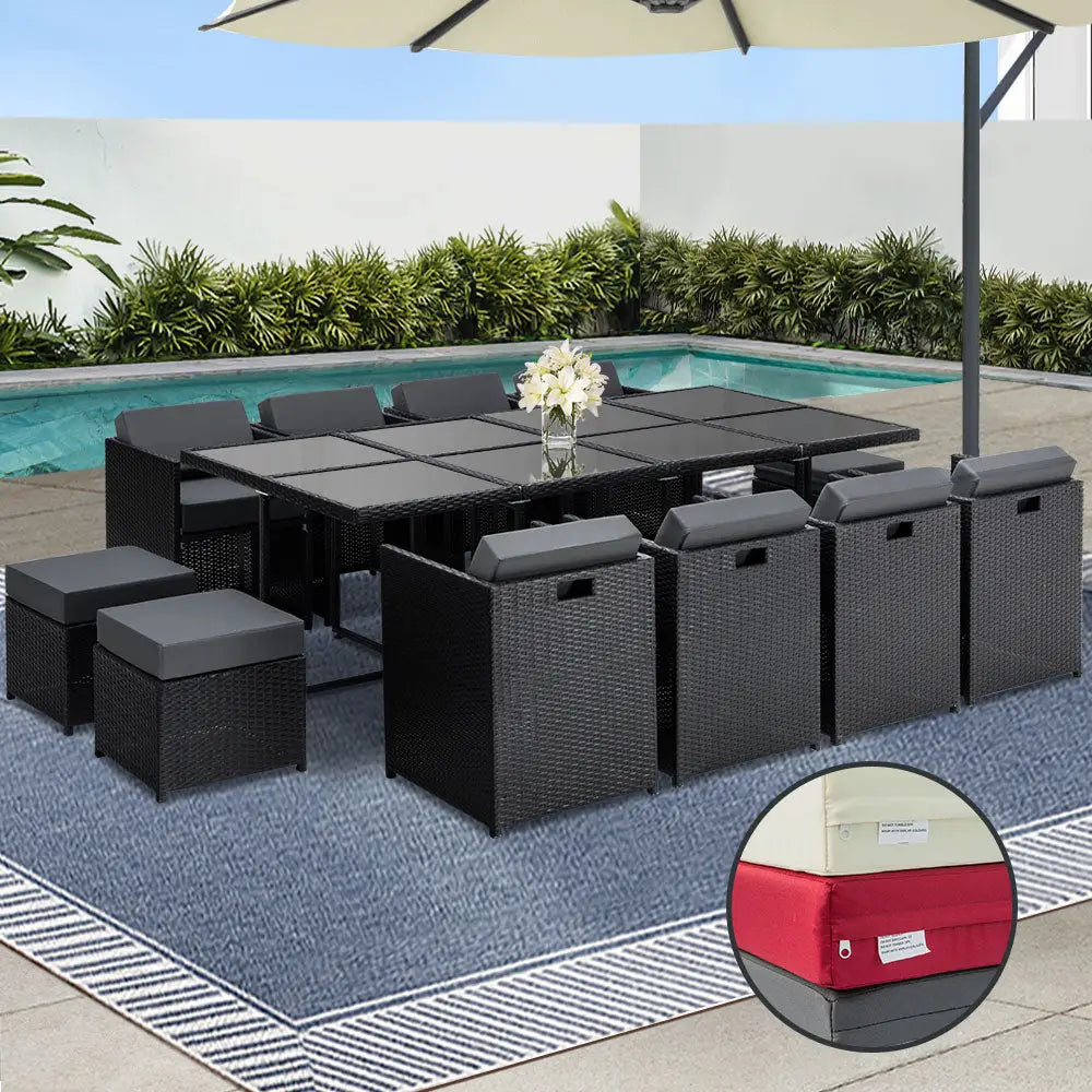 Gardeon Outdoor Dining Set 13 Piece Wicker Table Chairs Setting Black