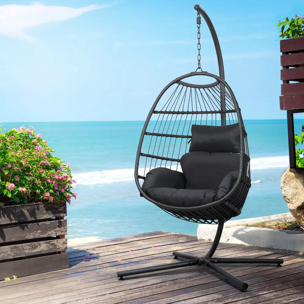Gardeon Outdoor Egg Swing Chair Hanging Wicker Rope Pod Stand Foldable Grey