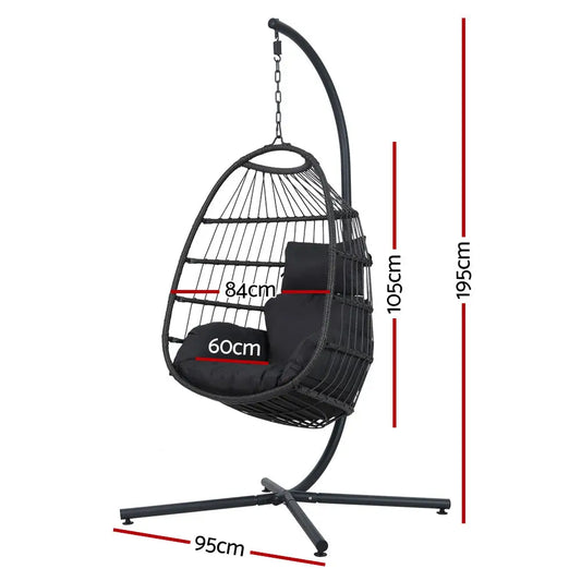 Gardeon Outdoor Egg Swing Chair Hanging Wicker Rope Pod Stand Foldable Grey