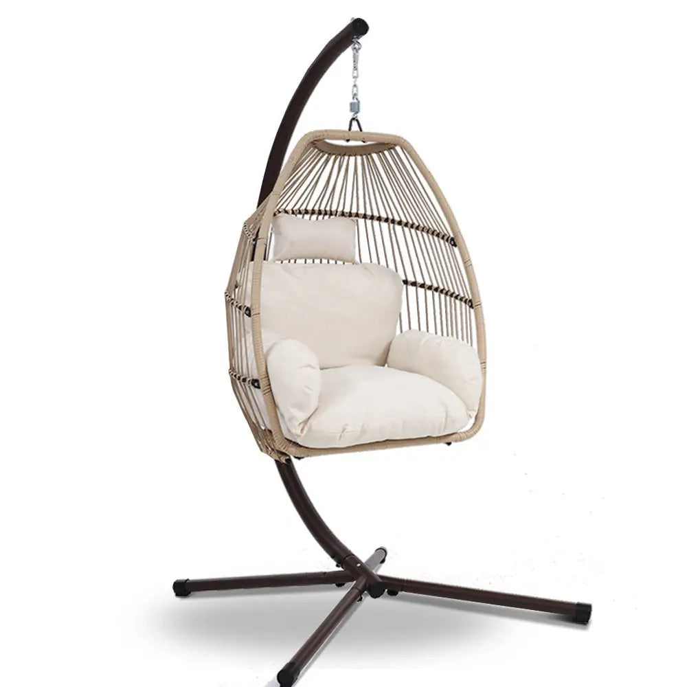 Gardeon Outdoor Egg Swing Chair Hanging Wicker Rope Pod Stand Cushion Latte