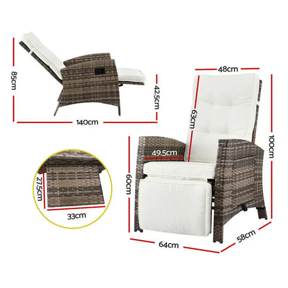Gardeon Outdoor Recliner Chairs Sun Lounge Wicker Lounger Patio Furniture Adjustable Brown