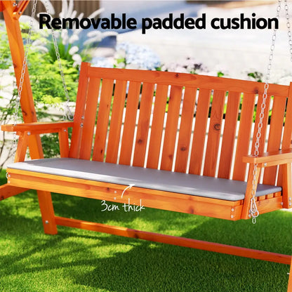 Gardeon Outdoor Wooden Swing Chair Garden Bench Canopy Cushion 3 Seater Teak