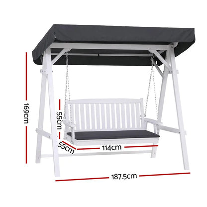 Gardeon Outdoor Wooden Swing Chair Garden Bench Canopy Cushion 3 Seater White