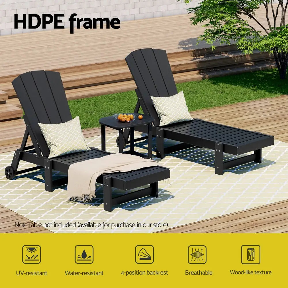 Gardeon Sun Lounge Beach Chair Hdpe Adirondack Lounger Patio Outdoor Furniture with Wheels Black