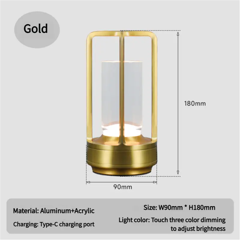Gold Rechargeable Table Lamp - Touch Dimming 3-color Led Light for Bedroom and Office