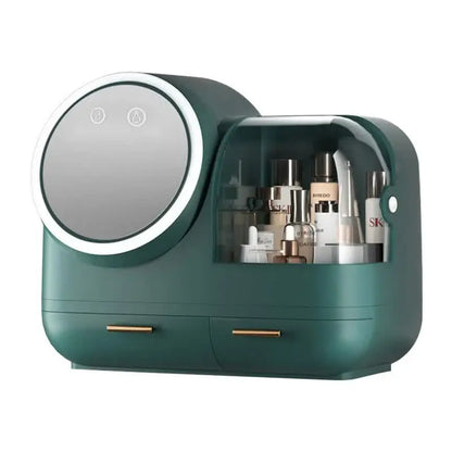 Green Led Vanity Makeup Organizer with Partition Storage and Touch-control Mirror - Large Capacity Cosmetic Box