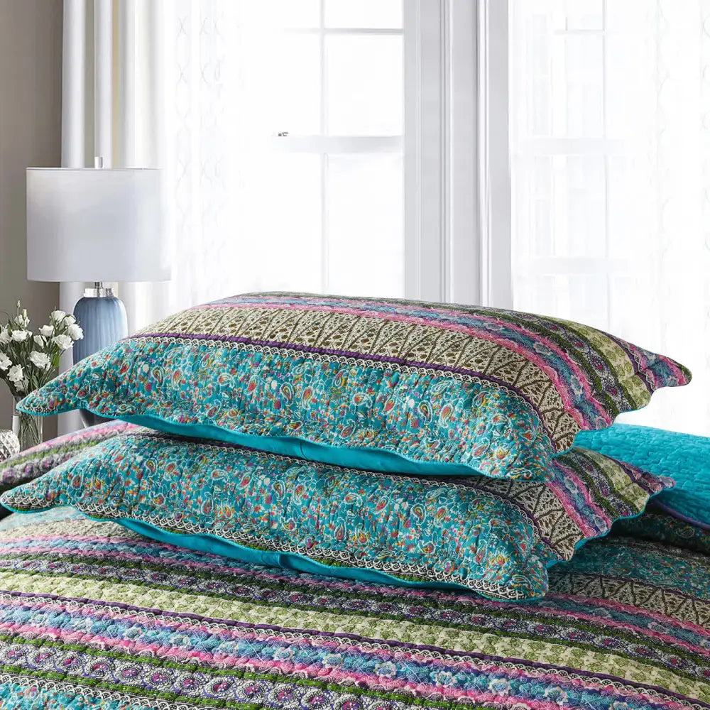 Grenn Teal Boho Style Printed Bedspread Quilt Set + Pillowcases