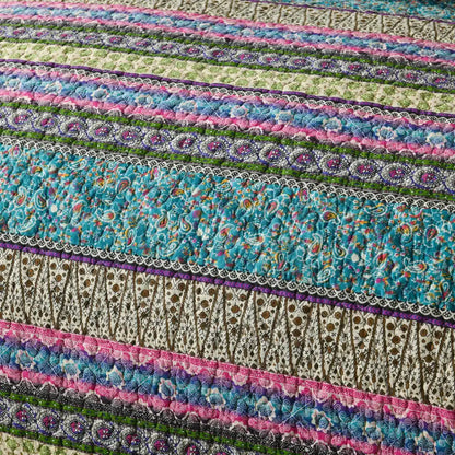 Grenn Teal Boho Style Printed Bedspread Quilt Set + Pillowcases