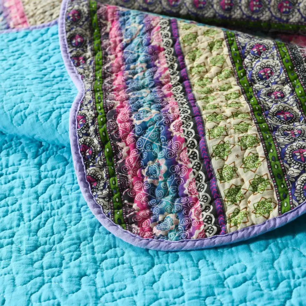 Grenn Teal Boho Style Printed Bedspread Quilt Set + Pillowcases