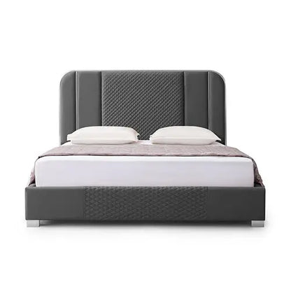 Halcyon Bed Frame Air Leather Padded Upholstery High Quality Slats Polished Stainless Steel Feet
