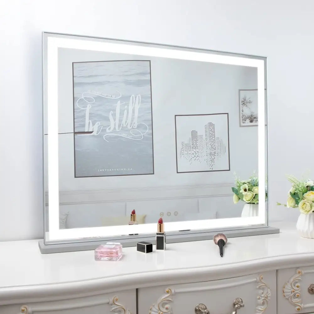 Hollywood Led Makeup Mirror with Smart Touch Control and 3 Colors Dimmable Light (72 x 56 Cm) | Silver-framed Led