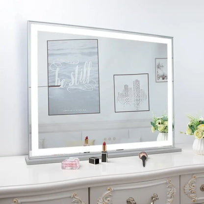 Hollywood Led Makeup Mirror with Smart Touch Control and 3 Colors Dimmable Light (72 x 56 Cm) | Silver-framed Led