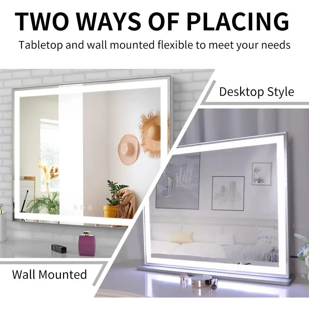 Hollywood Led Makeup Mirror with Smart Touch Control and 3 Colors Dimmable Light (72 x 56 Cm) | Silver-framed Led