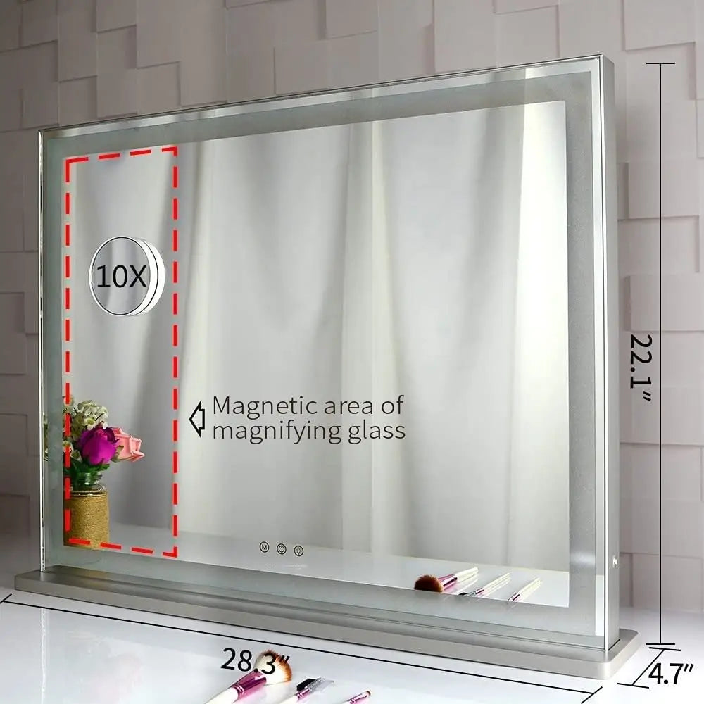 Hollywood Led Makeup Mirror with Smart Touch Control and 3 Colors Dimmable Light (72 x 56 Cm) | Silver-framed Vanity