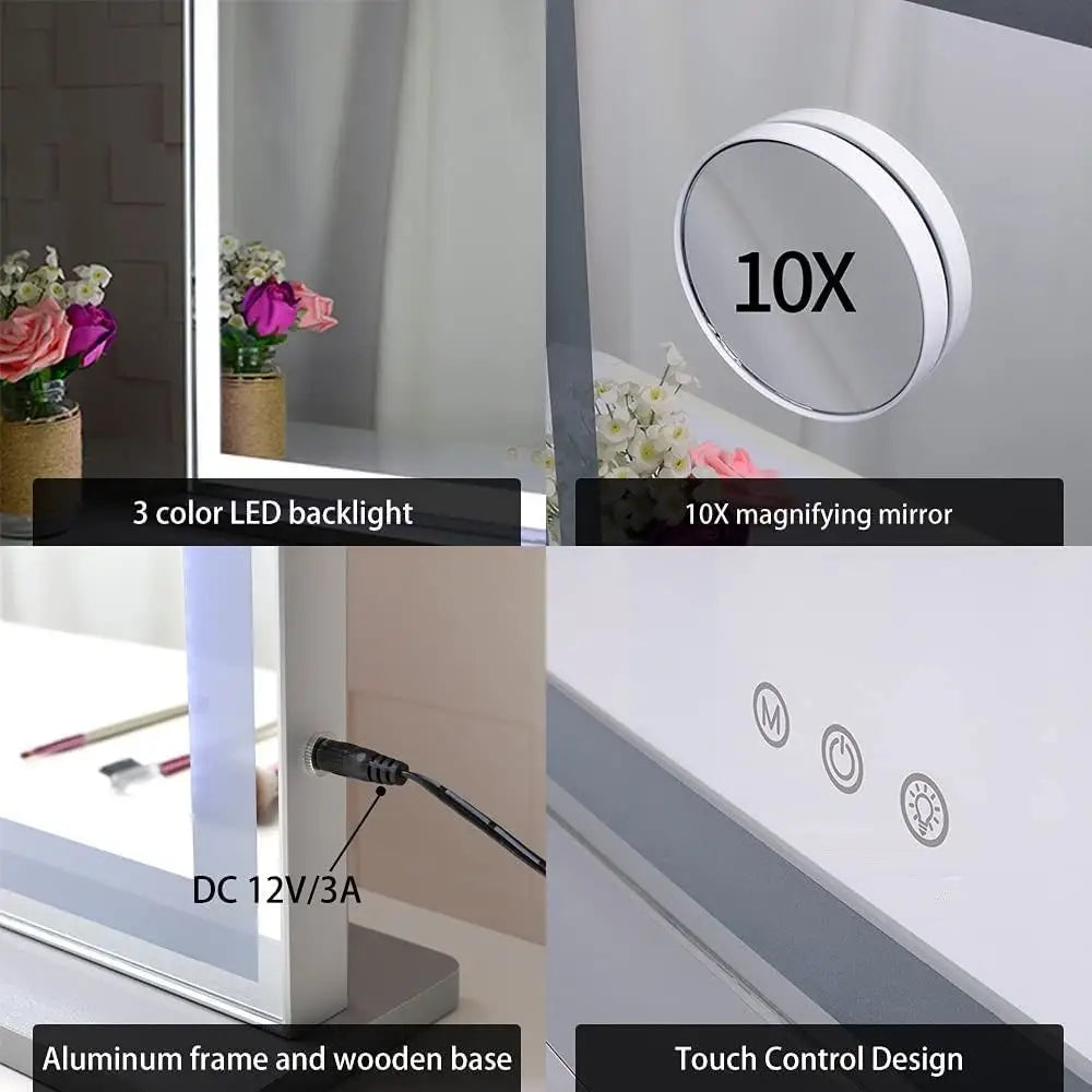 Hollywood Led Makeup Mirror with Smart Touch Control and 3 Colors Dimmable Light (72 x 56 Cm) | White Vanity Mirror