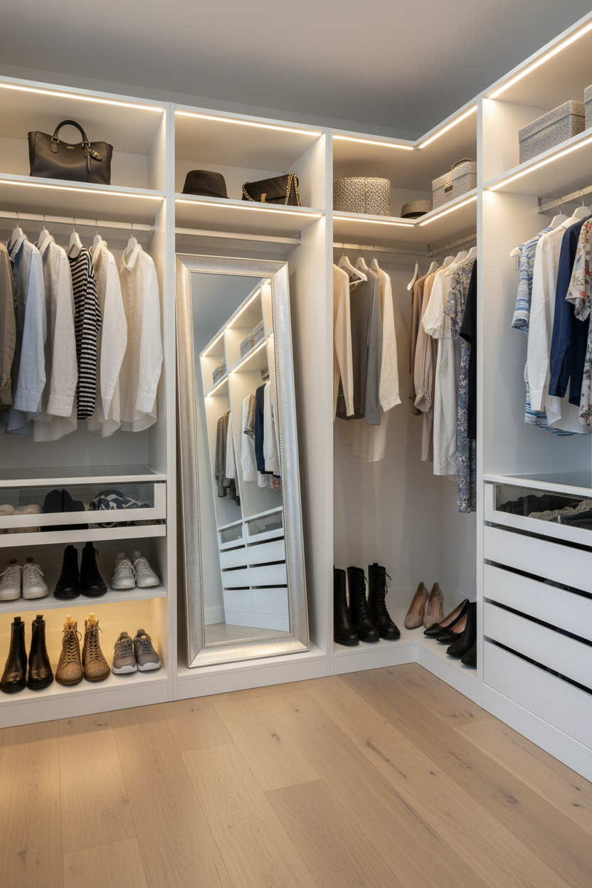 A modern walk-in closet with white cabinetry, built-in LED lighting, a full-length mirror, hanging clothes, shelves with shoes, and light wood flooring.