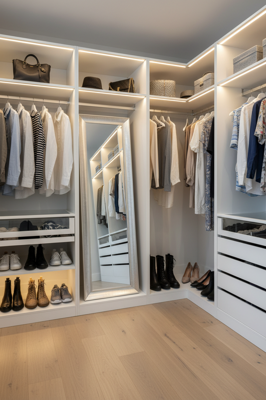 A modern walk-in closet with white cabinetry, built-in LED lighting, a full-length mirror, hanging clothes, shelves with shoes, and light wood flooring.