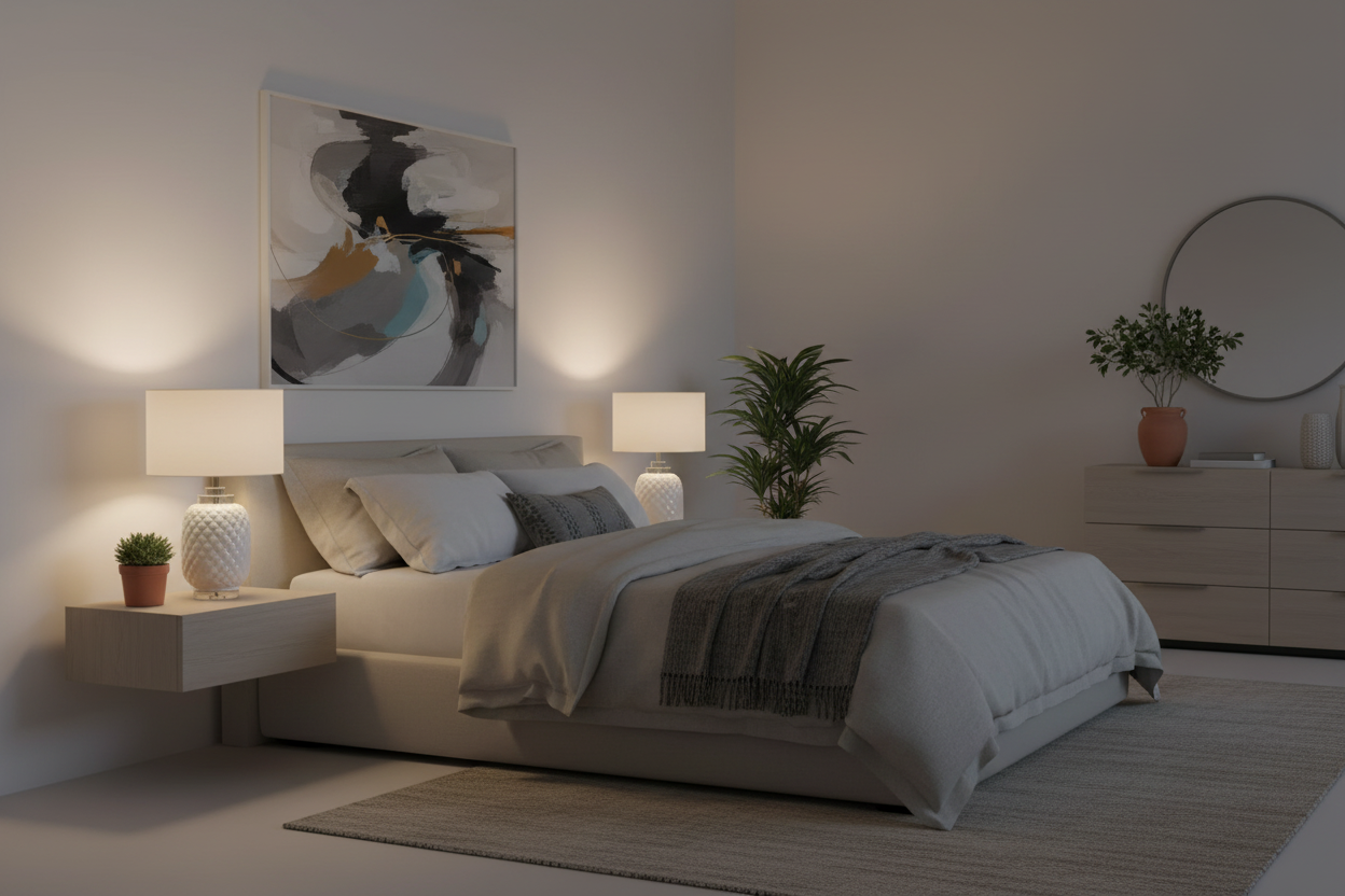 Modern bedroom with a bed, nightstands, and wall art.