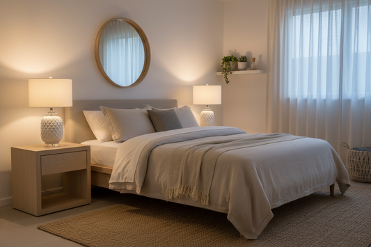 Neatly made bed in a bedroom with nightstands and lamps.