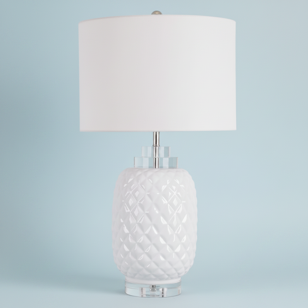 white table lamp in a light blue studio background