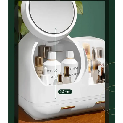 Ivory White Led Vanity Makeup Organizer with Partition Storage and Touch-control Mirror - Large Capacity Cosmetic Box