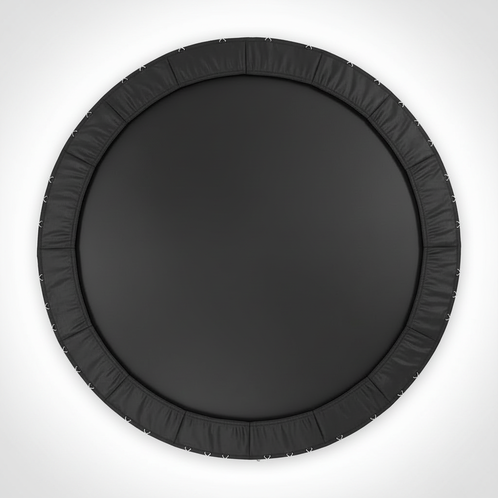 A top-down view of a black round trampoline with a 12ft black jumping mat and a black elastic safety surround on a white background.
