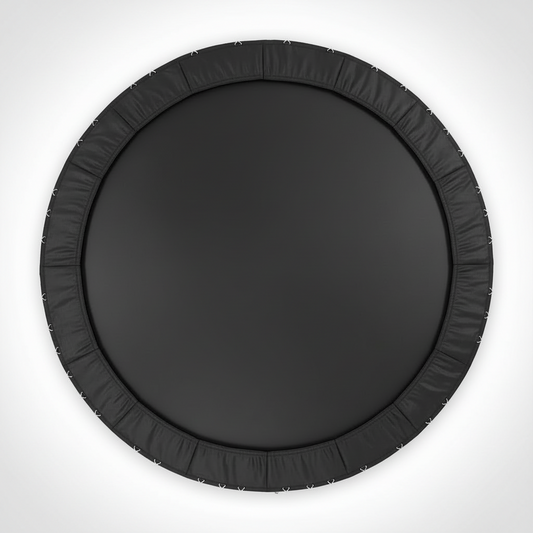 A top-down view of a black round trampoline with a 12ft black jumping mat and a black elastic safety surround on a white background.
