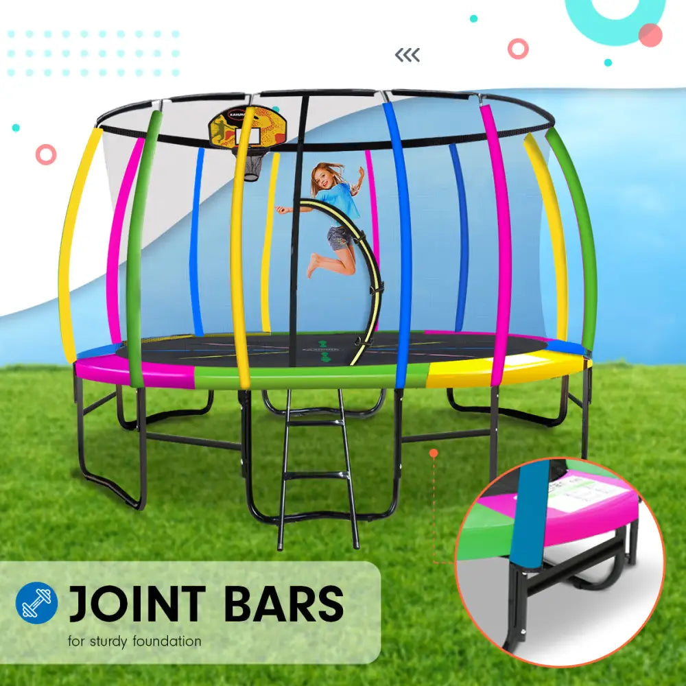 Kahuna 14ft Outdoor Trampoline Kids Children with Safety Enclosure Pad Mat Ladder Basketball Hoop Set - Rainbow